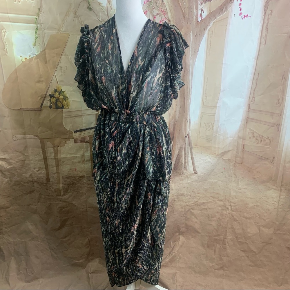 NEW IRO Gargas Wrap-effect Ruffled Printed lurex Sheer MIDI Dress - Picture 2 of 15